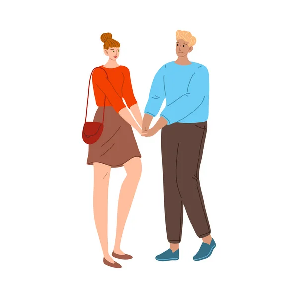 Jeune couple souriant dessiné à la main en amour datant, réunion et tenant la main illustration vectorielle — Image vectorielle