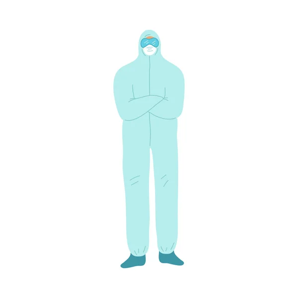 Orvos különleges kék egyenruhában és maszkban munka közben a járvány idején — Stock Vector