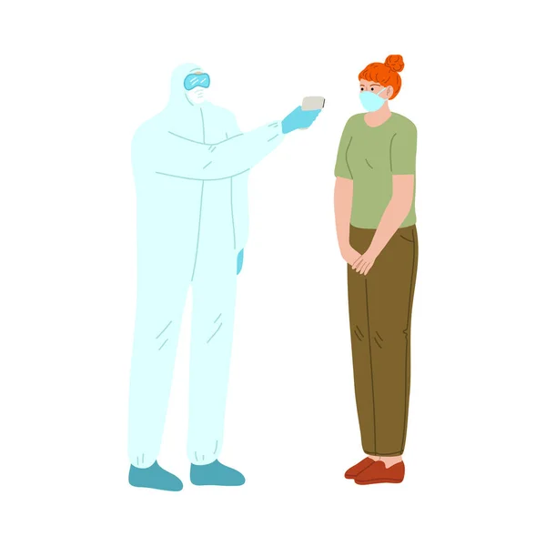 Γιατρός στέκεται μέτρηση της θερμοκρασίας των γυναικών με θερμική εικόνα κατά τη διάρκεια επιδημίας — Διανυσματικό Αρχείο