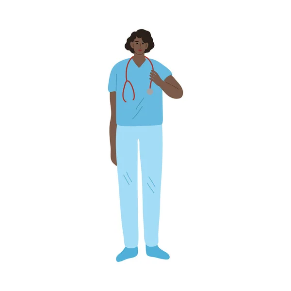 Jovem médica de uniforme azul a trabalhar durante a pandemia —  Vetores de Stock