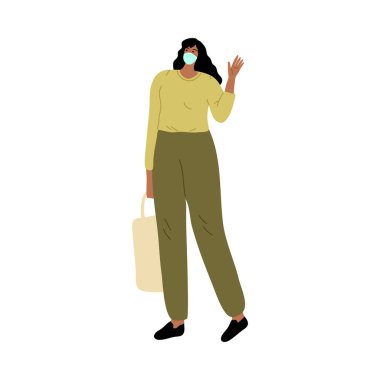 Maskeli kadın, uzaktan arkadaşını selamlıyor.