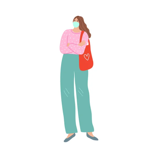 Молодая женщина в маске держит дистанцию в очереди до супермаркета — стоковый вектор