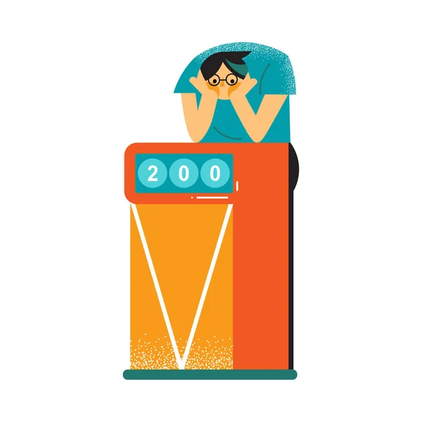 El jugador masculino en gafas pensativamente de pie en la tribuna del concurso. Ilustración vectorial en el estilo plano de dibujos animados . — Vector de stock