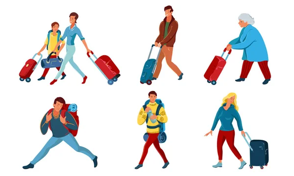 Frauen und Männer reisen mit Rucksäcken und Koffern um die Welt — Stockvektor