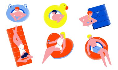 Su yatakları vektör illüstrasyonunda dinlenen ve eğlenen bir grup insan