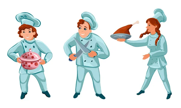 Hombres y mujeres cocineros profesionales en uniforme especial durante la ilustración vector de trabajo — Archivo Imágenes Vectoriales