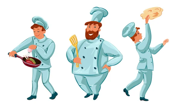 Улыбающиеся мужчины профессиональные повара в специальной форме во время работы векторной иллюстрации — стоковый вектор