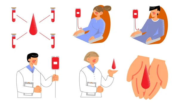 Lidé dárci dobrovolníci a lékaři odběr krve pro charitativní vektorové ilustrace — Stockový vektor