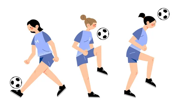 Jovens jogadores de futebol meninas jogando futebol ao ar livre ilustração vetorial —  Vetores de Stock