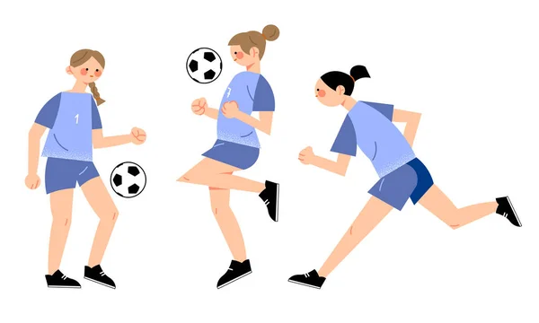 Jovens jogadores de futebol meninas em uniforme jogando futebol ao ar livre ilustração vetorial —  Vetores de Stock