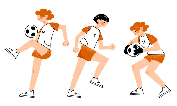 Chicas jóvenes jugadores de fútbol en uniforme jugando al fútbol al aire libre vector ilustración — Vector de stock