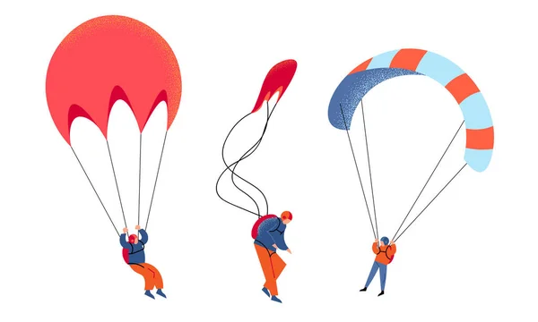 Set van jonge mensen skydivers met parachutes vector illustratie — Stockvector