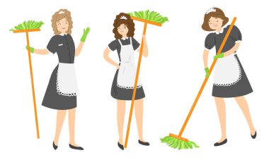 Fırça vektör illüstrasyonuyla ev idaresi yapan bir grup pozitif kadın hizmetçi.