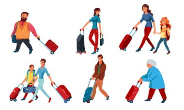 Sırt çantaları ve valiz vektör illüstrasyonuyla seyahat eden bir grup insan