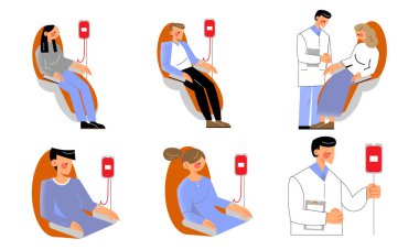 İnsanlar gönüllü bağışçılar ve doktorlar vektör çizimi için kan alıyorlar.