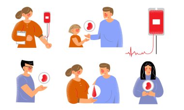 İnsanlar gönüllü bağışçılar ve doktorlar kan ve organ örnekleri alıyorlar.