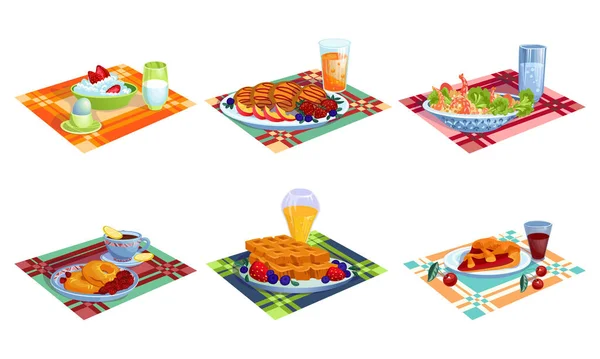 Berbagai jenis sarapan sehat makanan dan gambar vektor minuman - Stok Vektor