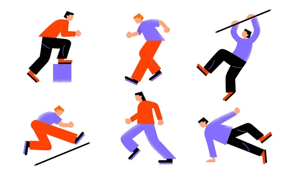 Människor idrottsmän tävlar i friidrott och pole vaulting vektor illustration — Stock vektor