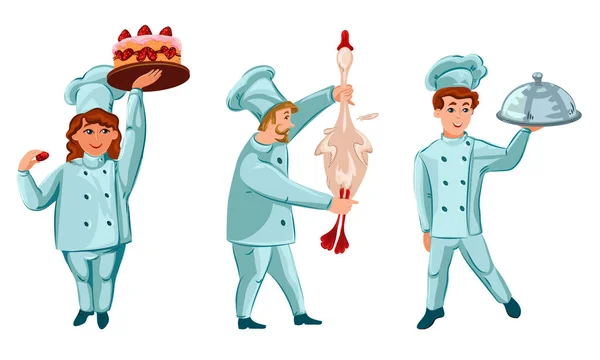 Улыбающиеся профессиональные повара в специальной униформе делают векторную иллюстрацию пищевых продуктов — стоковый вектор