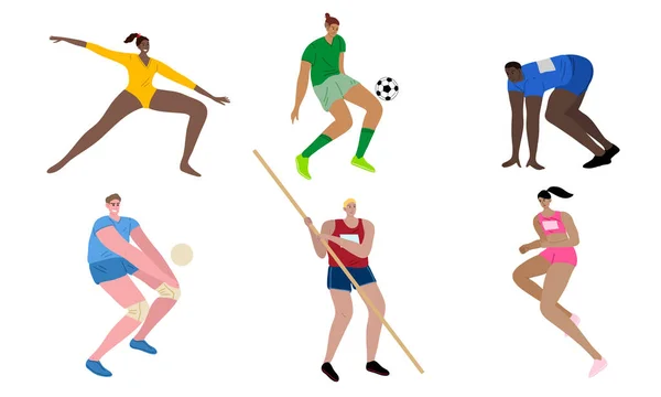 Les jeunes sportifs dans différents types de sport pendant les compétitions illustration vectorielle — Image vectorielle