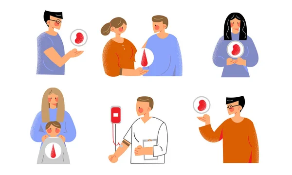 People donors volunteers and doctors taking blood and organs for needs — Stock Vector