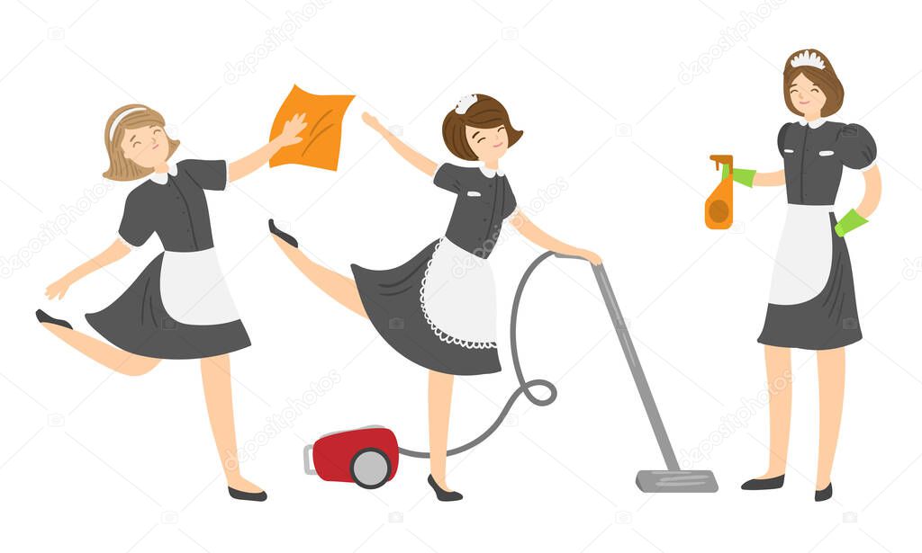 Set of women maids making housekeeping with tools vector illustration
