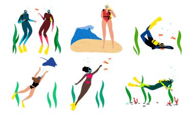 Bir grup maskeli genç, su altı vektör çizimlerinin keyfini çıkarıyorlar.