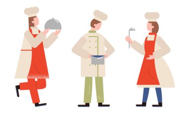 İnsanlar özel üniformalı ve şapkalı profesyonel aşçılar yemek vektörü çizimi yapıyorlar.