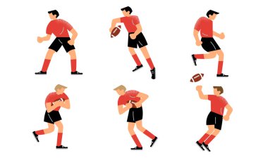 Kırmızı üniformalı genç adamlar rugby vektör çizimi oynuyorlar.