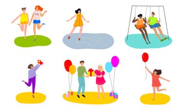 Gülümseyen çocuklar hobi ve iletişim vektörü illüstrasyonunun keyfini çıkarıyorlar