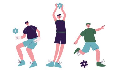Spor giyim kuşağında genç çocuklar futbol vektör illüstrasyonunda oynuyorlar.