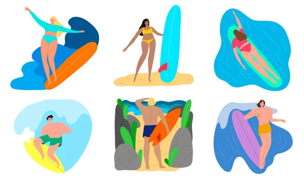 Glückliche junge Leute in Badebekleidung genießen Wassersurfen Vektor Illustration — Stockvektor
