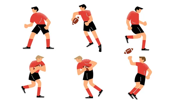 Jovens homens de uniforme vermelho jogando rugby vetor ilustração — Vetor de Stock