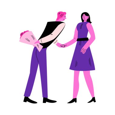 Arkaya çiçek saklayan ve kız arkadaşına vermeye hazır bir adam.