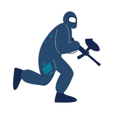 Özel korumalı kostümlü bir adam koşuyor ve paintball vektör çizimi oynuyor.