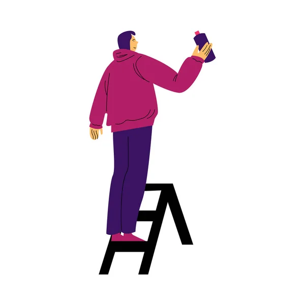 Hombre con capucha de pie en escalera y dibujo graffiti ilustración vector ilustración — Vector de stock