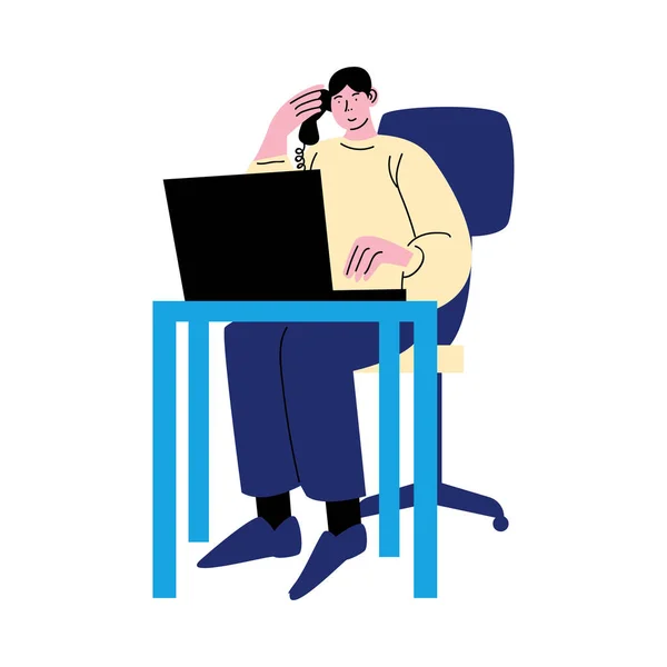 Travailleur assis sur une chaise et appelant au bureau avec illustration vectorielle d'ordinateur — Image vectorielle