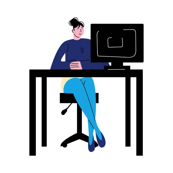 Woman worker working in office with computer monitor vector illustration — Stock Vector