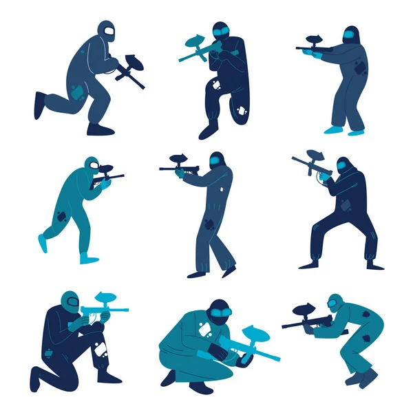Hommes en costumes de protection spéciale jouant illustration vectorielle de paintball — Image vectorielle
