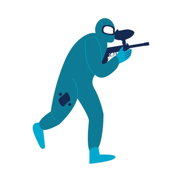 Hombre en traje de protección especial y máscara corriendo y jugando paintball vector ilustración — Vector de stock