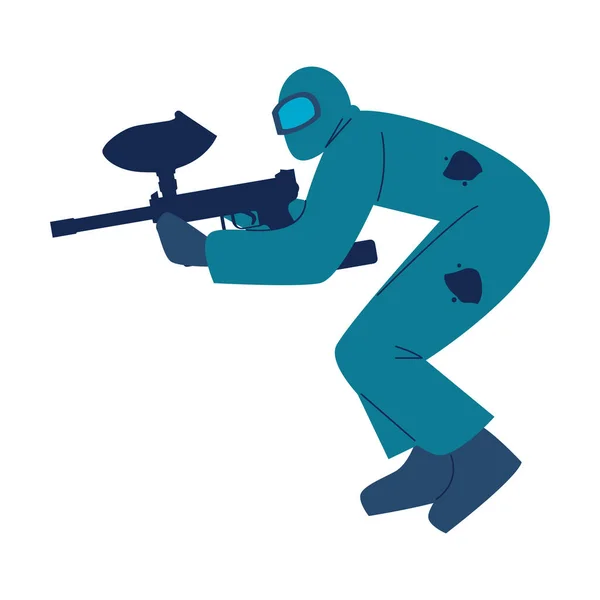 Uomo in costume protettivo speciale e maschera in esecuzione e giocare a paintball con l'arma — Vettoriale Stock
