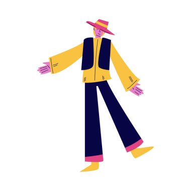 Performans çizimi sırasında dans eden parlak kostümlü genç bir sokak atristi.