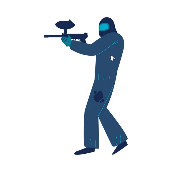 Man in special protective costume and mask playing paintball with weapon — Stock Vector