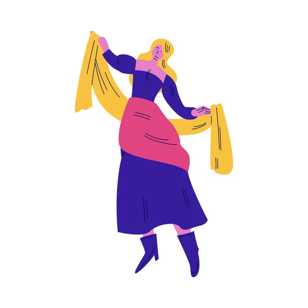 Woman street atrist in bright costume dancing during performance vector illustration — Stock Vector