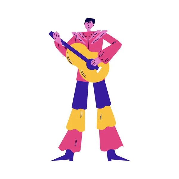 Hombre calle atrista en traje brillante de pie y tocando la guitarra vector ilustración — Vector de stock