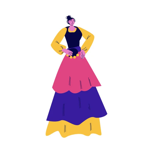 Mujer atrista callejera en traje brillante bailando con pandereta vector ilustración — Vector de stock