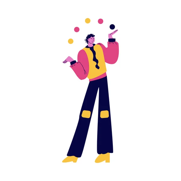 Hombre calle atrista en traje brillante de pie y malabarismo con bolas vector ilustración — Vector de stock