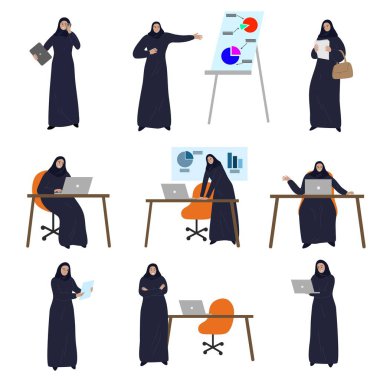 Geleneksel tesettürde çalışan bir grup Müslüman iş kadını. Düz çizgi film tarzında vektör illüstrasyonu.