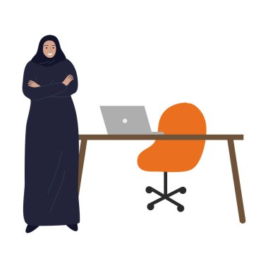 İş yerinin yanında duran geleneksel etnik tesettürlü Müslüman iş kadını. Düz çizgi film tarzında vektör illüstrasyonu.