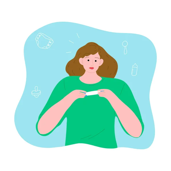 Surprised woman in a green shirt holding a positive pregnancy test. Vector illustration in the flat cartoon style — Stock Vector
